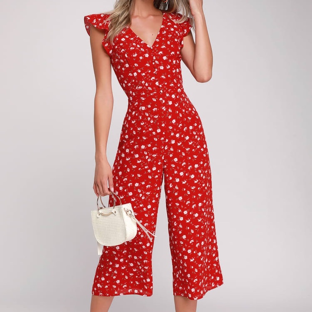 Lulus Red floral jumpsuit